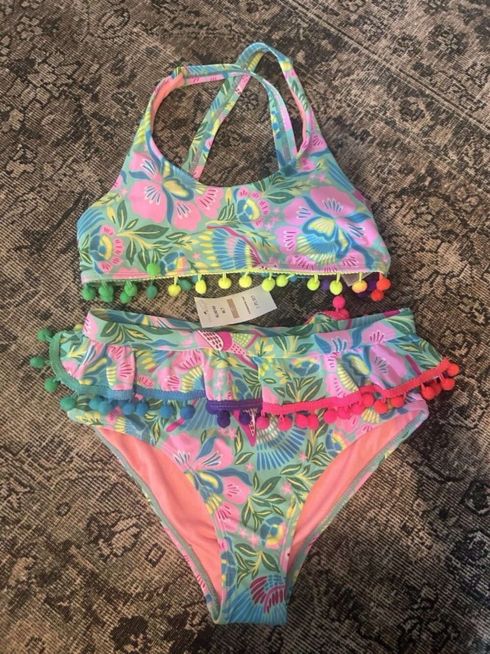 Beach Lingo Size 12 Girls 2 Piece Swimsuit Floral Pink Pompoms Tropical Bikini